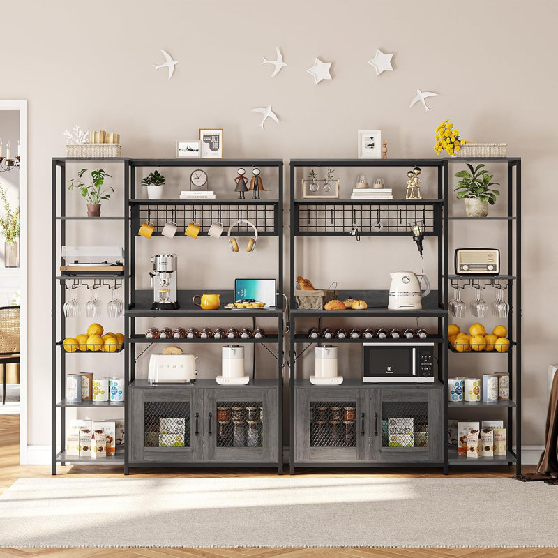 17 Stories Bakers Rack With Power Outlet 47.2In Microwave Stand With Storage Shelves Coffee Bar With Cabinet Kitchen Pantry Hutch Side Hooks Wine Rack Goblet Holder Wire Basket Grey Wayfair